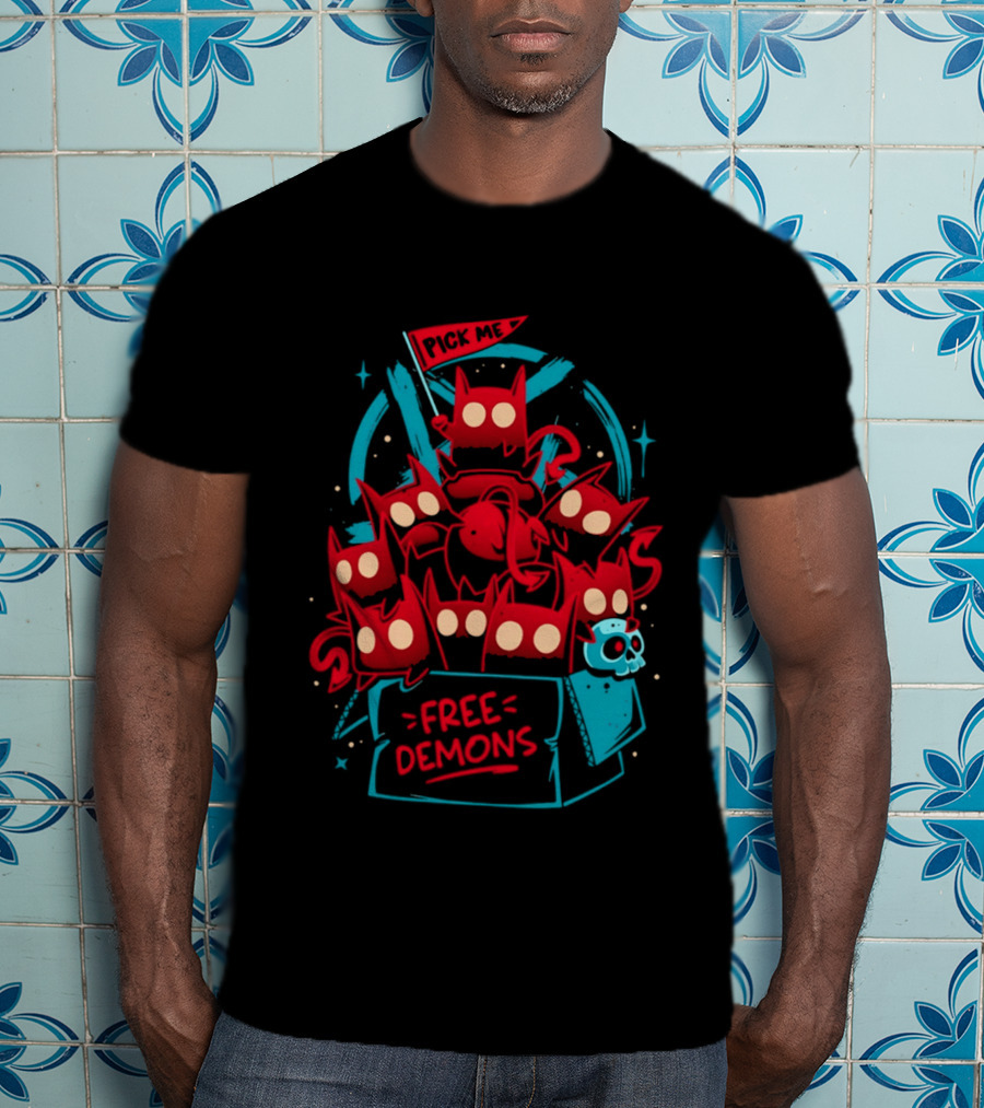 Free Demons Box Pick Me Red Monsters Cute Cartoon T-Shirt