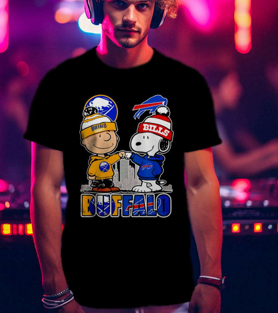 Buffalo Sabres Bills Snoopy City Skyline Collaboration With Charlie Brown T-Shirt