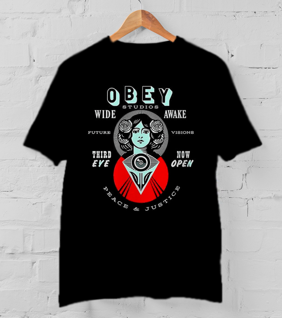 Obey Studios Wide Awake Future Visions Third Eye Now Open Peace And Justice T-Shirt