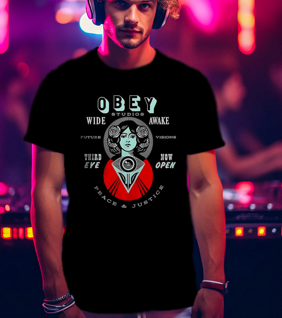 Obey Studios Wide Awake Future Visions Third Eye Now Open Peace And Justice T-Shirt