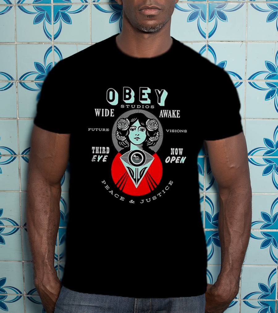 Obey Studios Wide Awake Future Visions Third Eye Now Open Peace And Justice T-Shirt