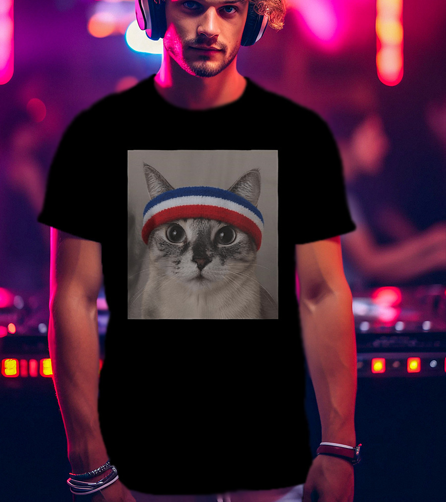 Cat Wearing Red White Blue Terry Headband T-Shirt