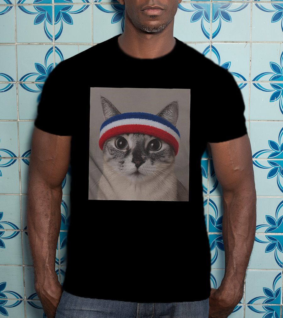 Cat Wearing Red White Blue Terry Headband T-Shirt