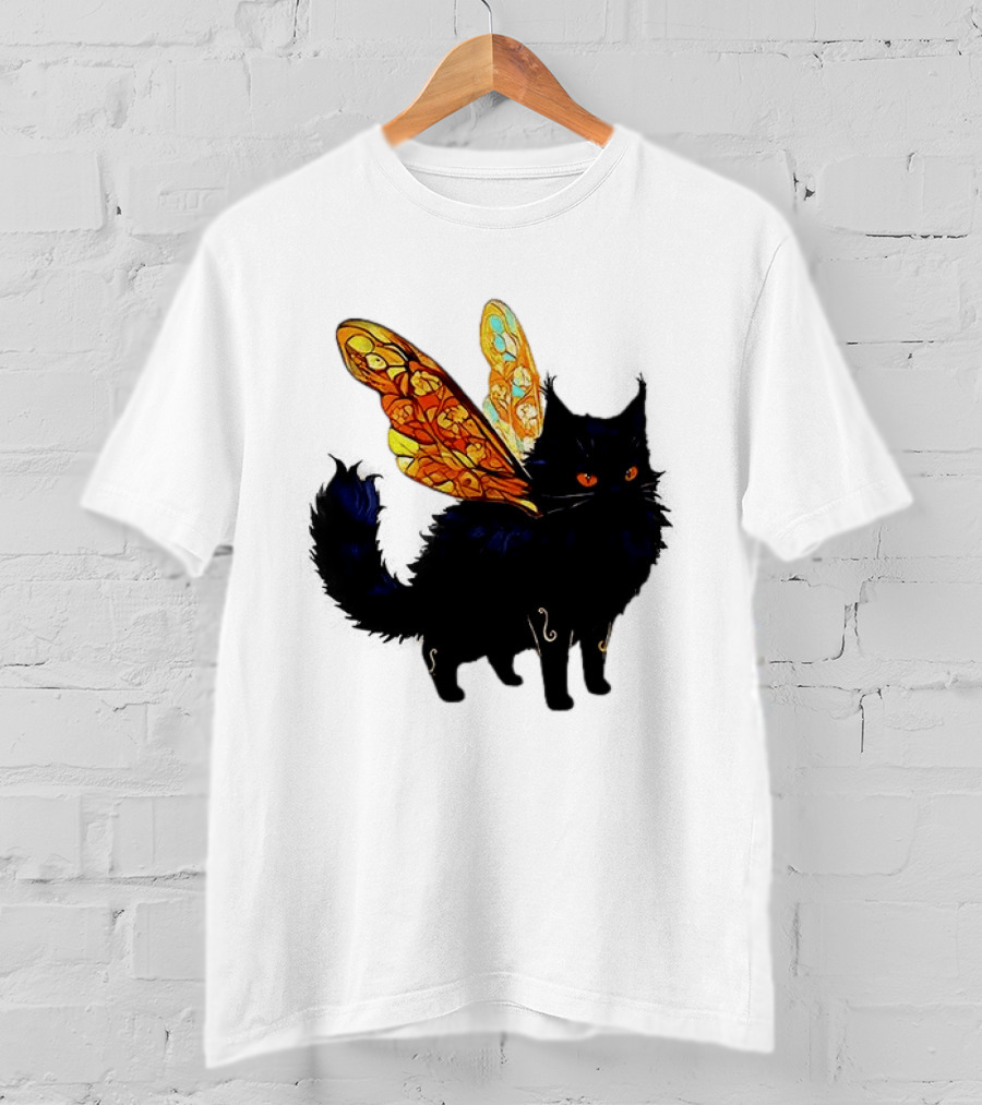 Black Cat With Colorful Fairy Wings Fantastical T-Shirt