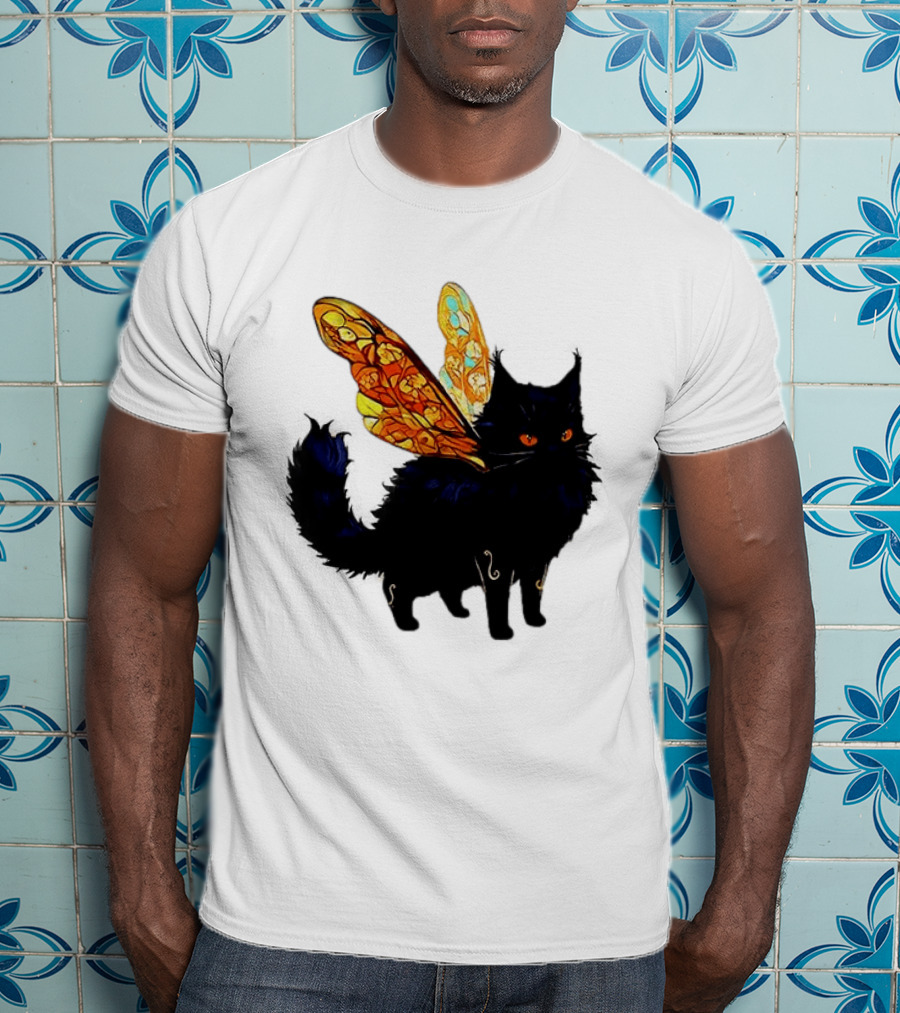 Black Cat With Colorful Fairy Wings Fantastical T-Shirt