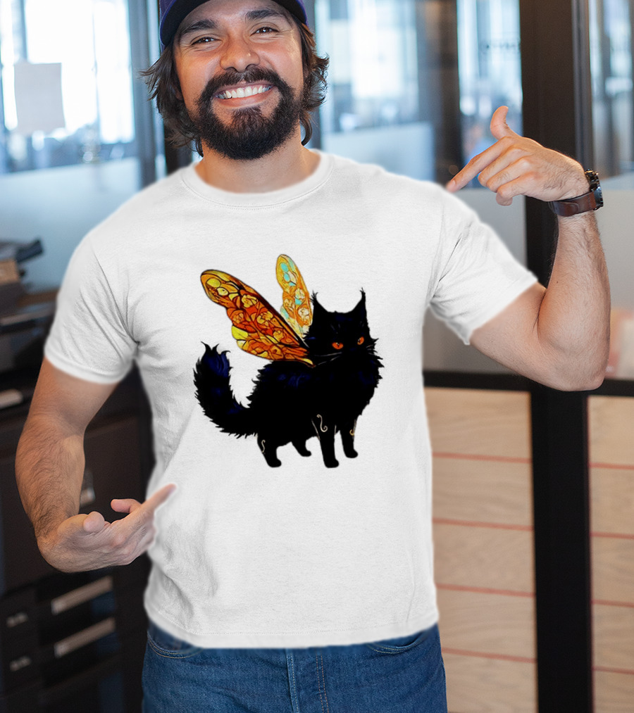 Black Cat With Colorful Fairy Wings Fantastical T-Shirt