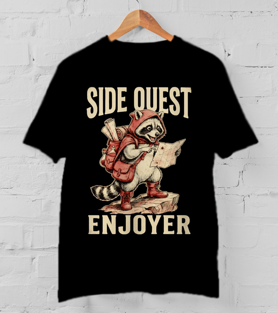 Side Quest Enjoyer Adventurer Raccoon With Map And Backpack T-Shirt