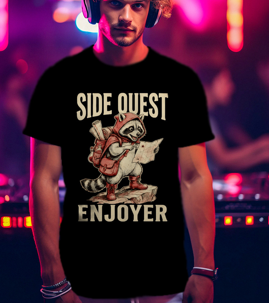 Side Quest Enjoyer Adventurer Raccoon With Map And Backpack T-Shirt