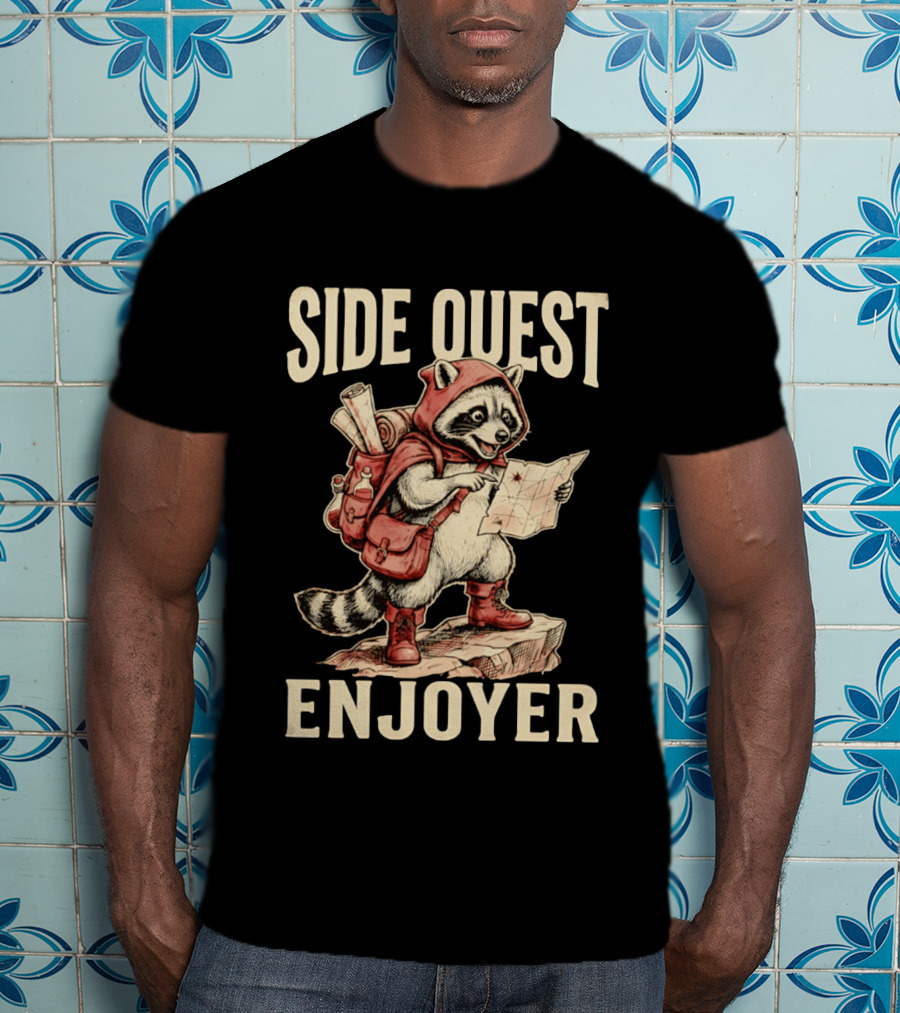 Side Quest Enjoyer Adventurer Raccoon With Map And Backpack T-Shirt