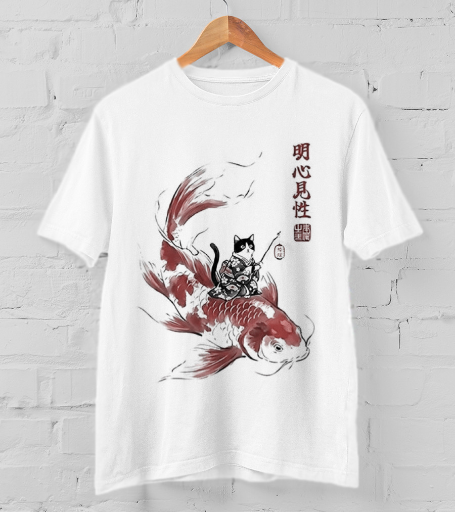 Kimono Cat Riding Koi Fish Classical Japanese T-Shirt