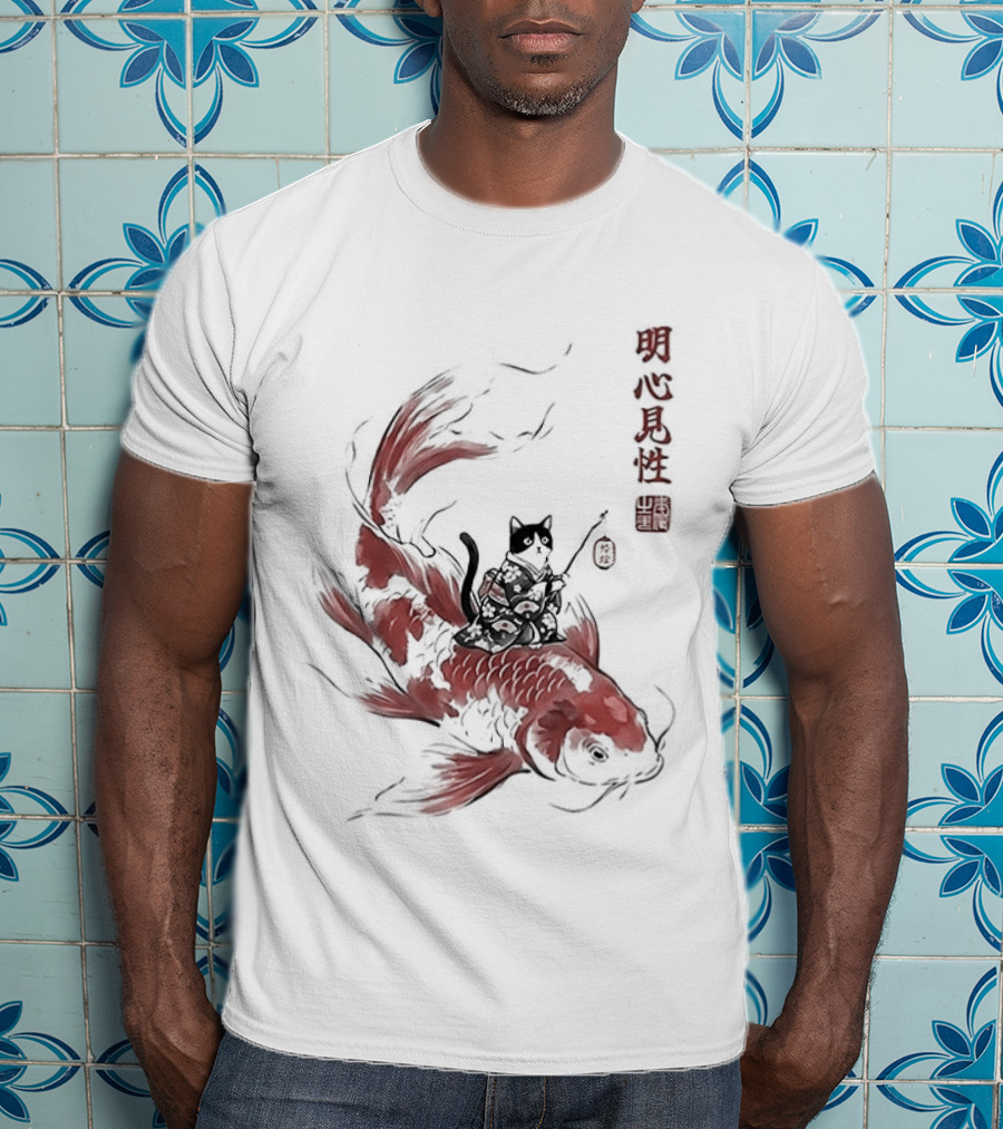Kimono Cat Riding Koi Fish Classical Japanese T-Shirt