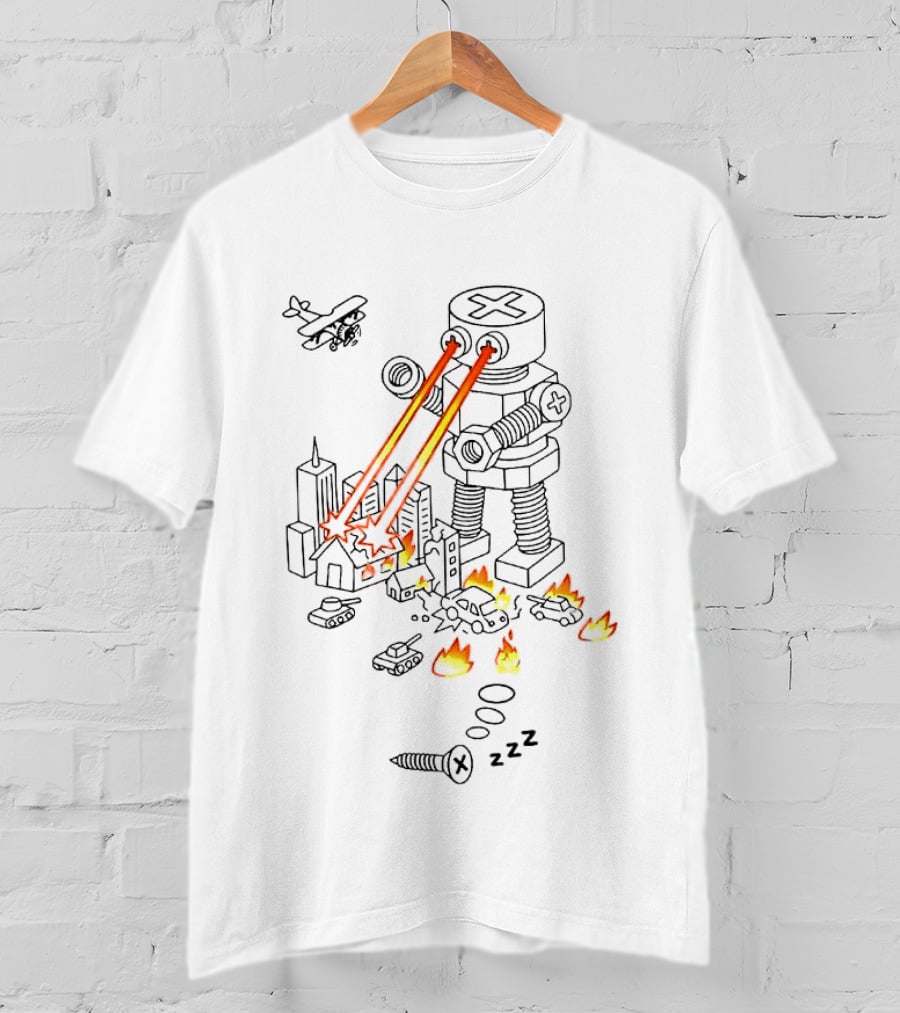 Screw Robot Destroying City Doodle Laser Eyes Fire Chaos Airplane Tanks T-Shirt