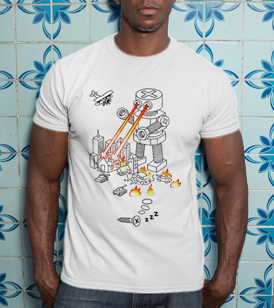 Screw Robot Destroying City Doodle Laser Eyes Fire Chaos Airplane Tanks T-Shirt