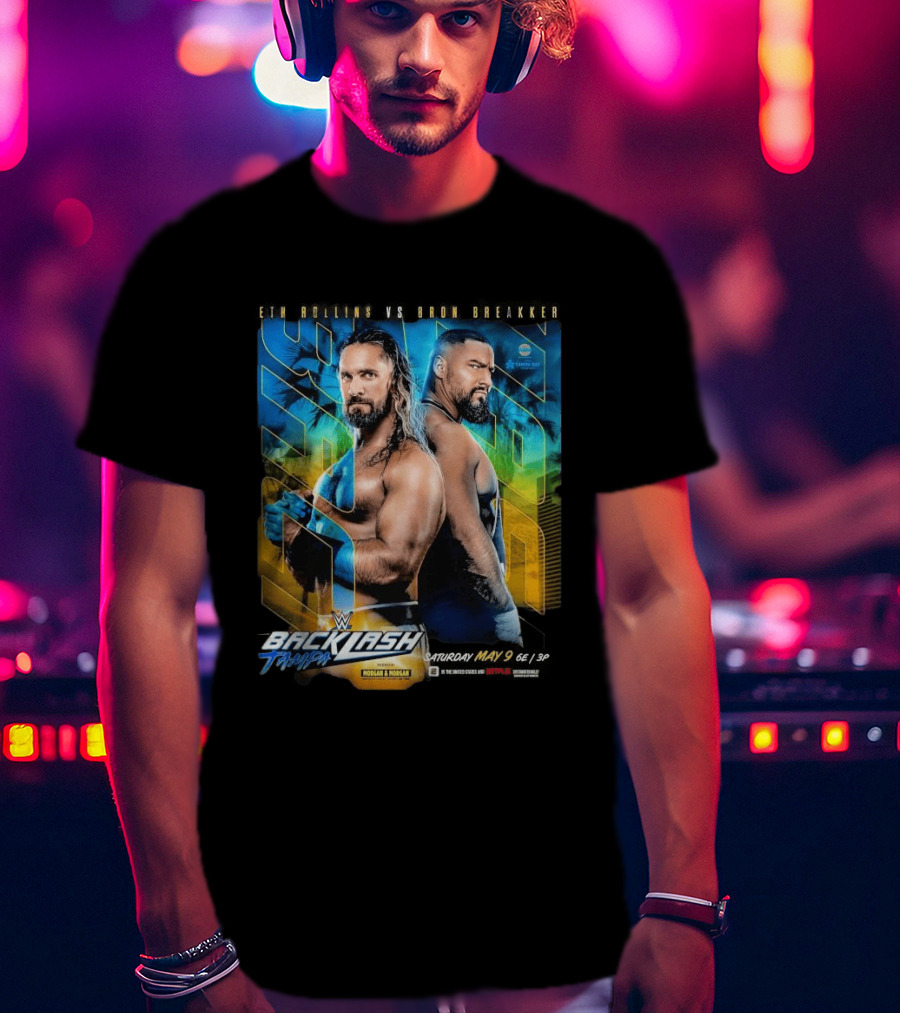 WWE Backlash Tampa 2026 Seth Rollins Vs Bron Breakker Match Card Morgan & Morgan Event T-Shirt