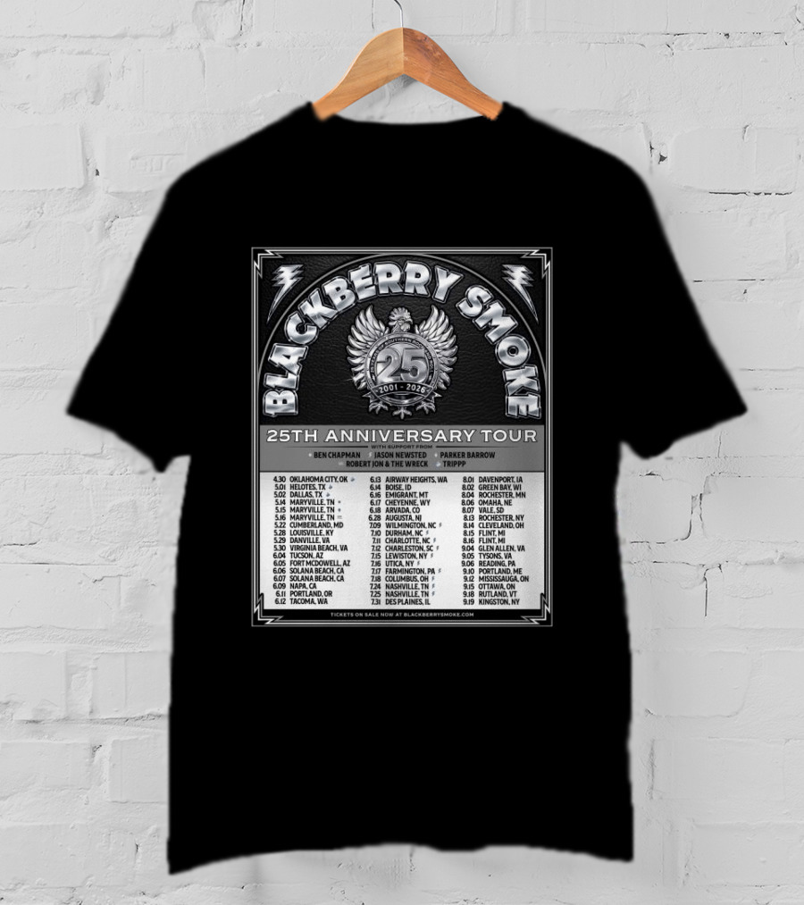 Blackberry Smoke 25th Anniversary Tour 2024 With Ben Chapman And Jason Newsted Featuring Parker Barrow And Robert Jon & The Wreck T-Shirt