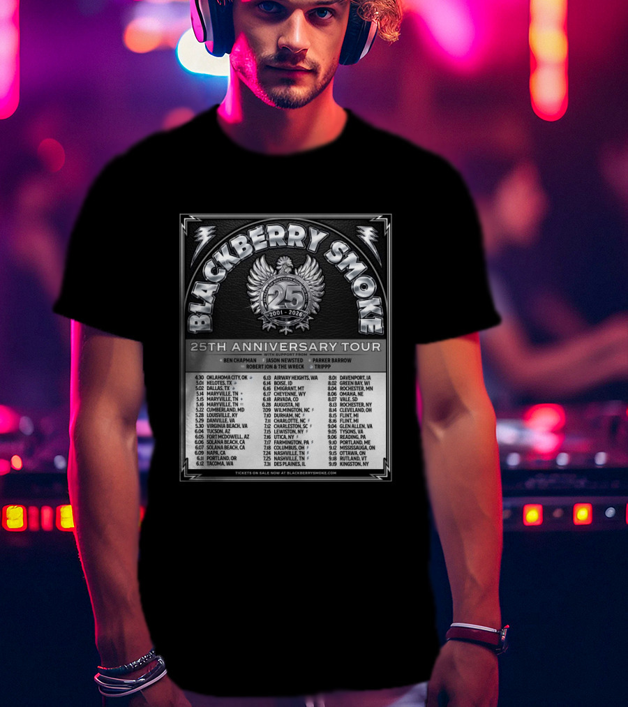 Blackberry Smoke 25th Anniversary Tour 2024 With Ben Chapman And Jason Newsted Featuring Parker Barrow And Robert Jon & The Wreck T-Shirt