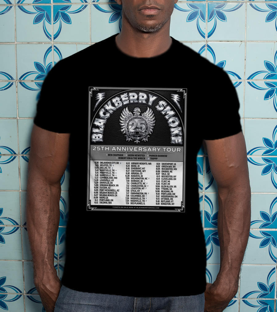 Blackberry Smoke 25th Anniversary Tour 2024 With Ben Chapman And Jason Newsted Featuring Parker Barrow And Robert Jon & The Wreck T-Shirt