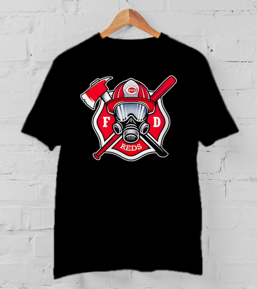 Cincinnati Reds FD Firefighter Helmet With Axe And Baseball Bat T-Shirt