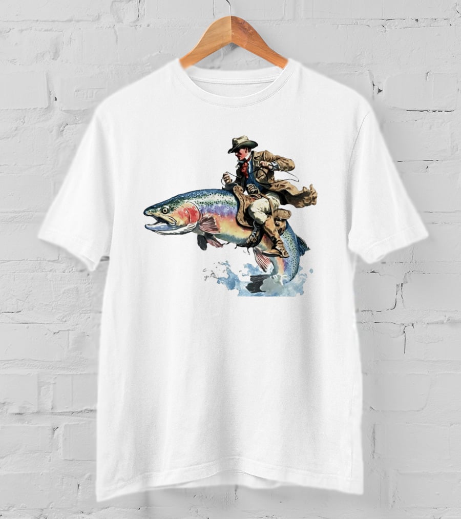 Cowboy Riding Rainbow Trout Adventure Scene T-Shirt