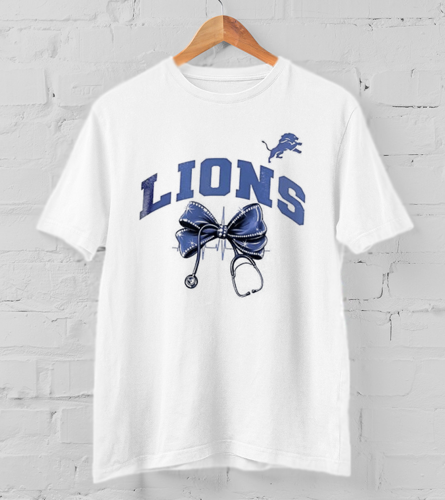Detroit Lions Nurse By Heart By Soul With Stethoscope And Bow T-Shirt