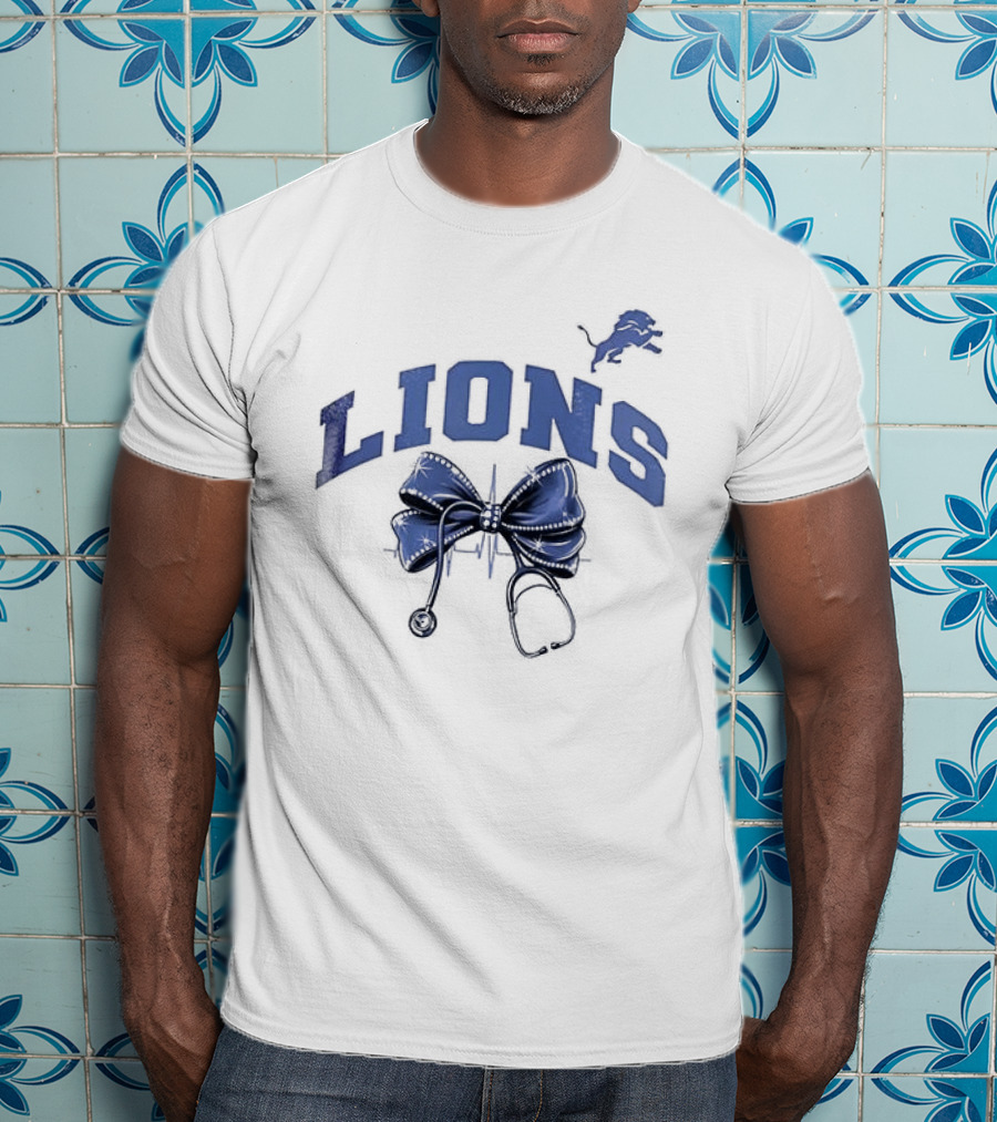 Detroit Lions Nurse By Heart By Soul With Stethoscope And Bow T-Shirt