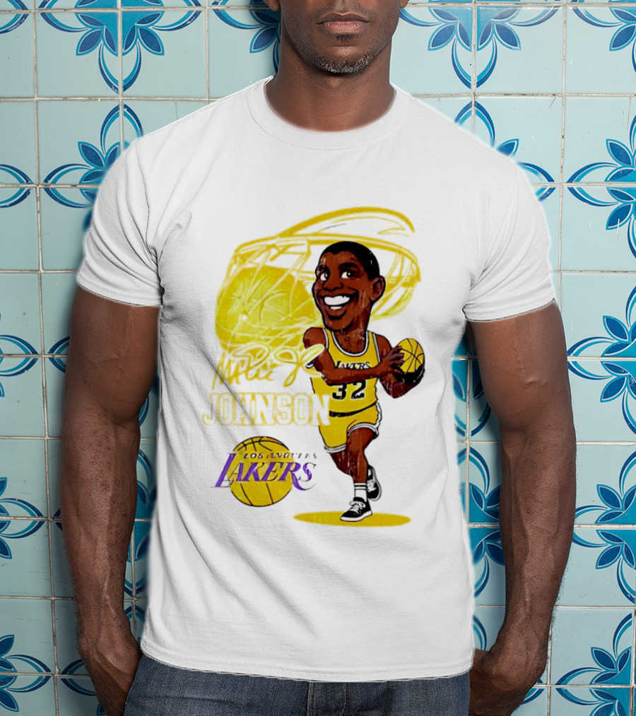 Magic Johnson 32 Los Angeles Lakers Basketball Caricature T-Shirt