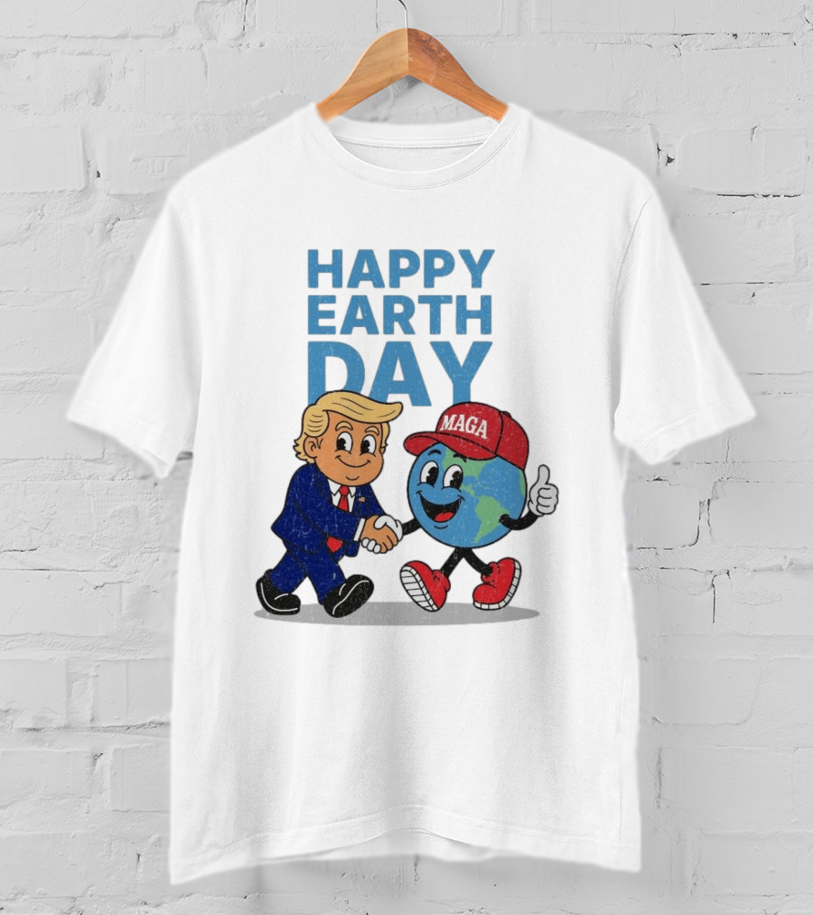 Happy Earth Day Trump MAGA Earth Cartoon Shaking Hands T-Shirt