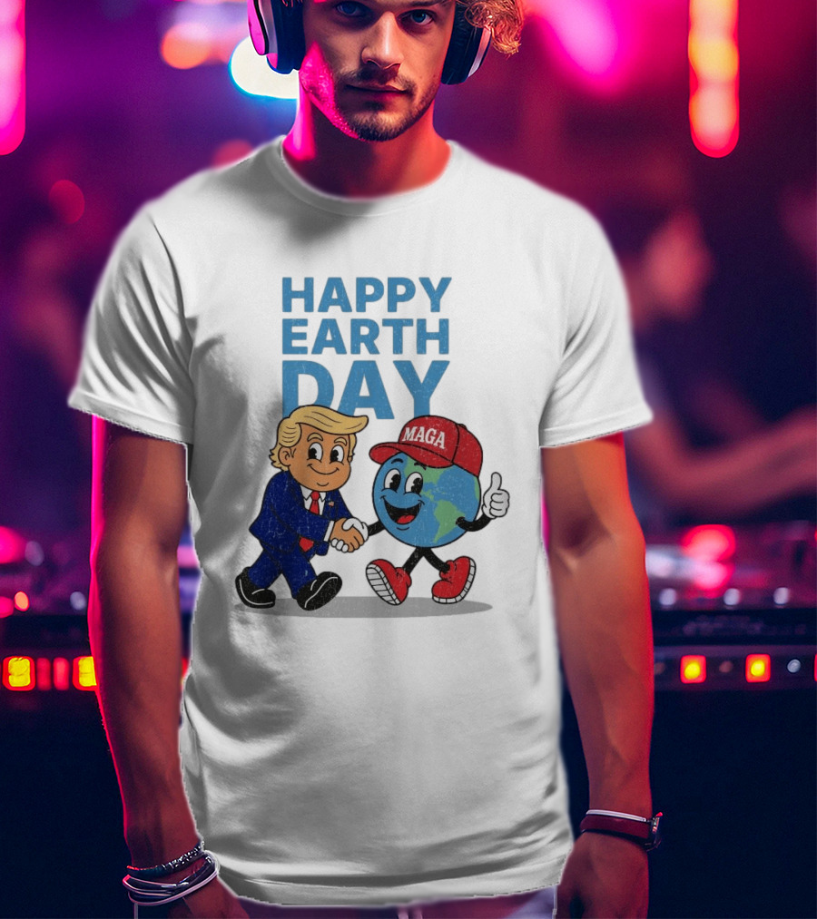 Happy Earth Day Trump MAGA Earth Cartoon Shaking Hands T-Shirt