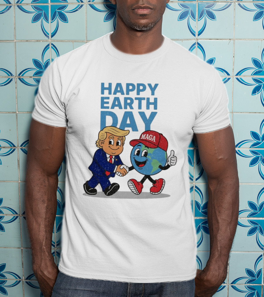 Happy Earth Day Trump MAGA Earth Cartoon Shaking Hands T-Shirt