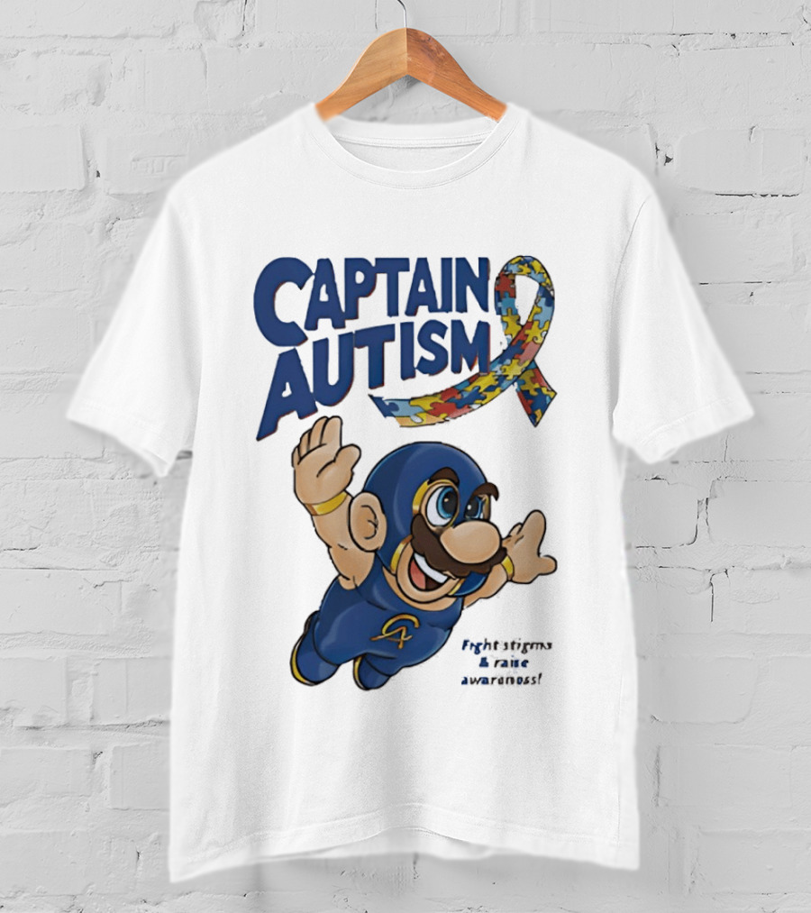 Captain Autism Super Mario Puzzle Ribbon Flying Awareness T-Shirt