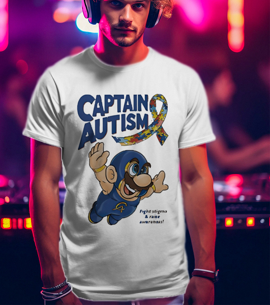 Captain Autism Super Mario Puzzle Ribbon Flying Awareness T-Shirt