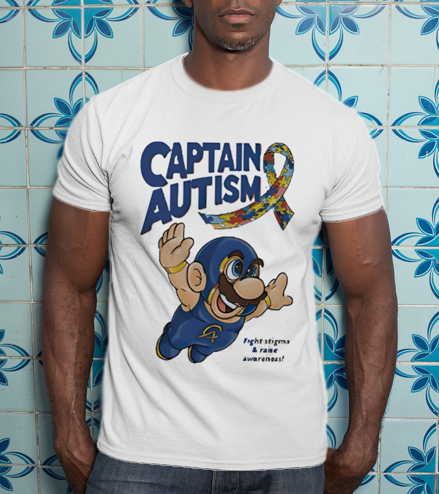 Captain Autism Super Mario Puzzle Ribbon Flying Awareness T-Shirt