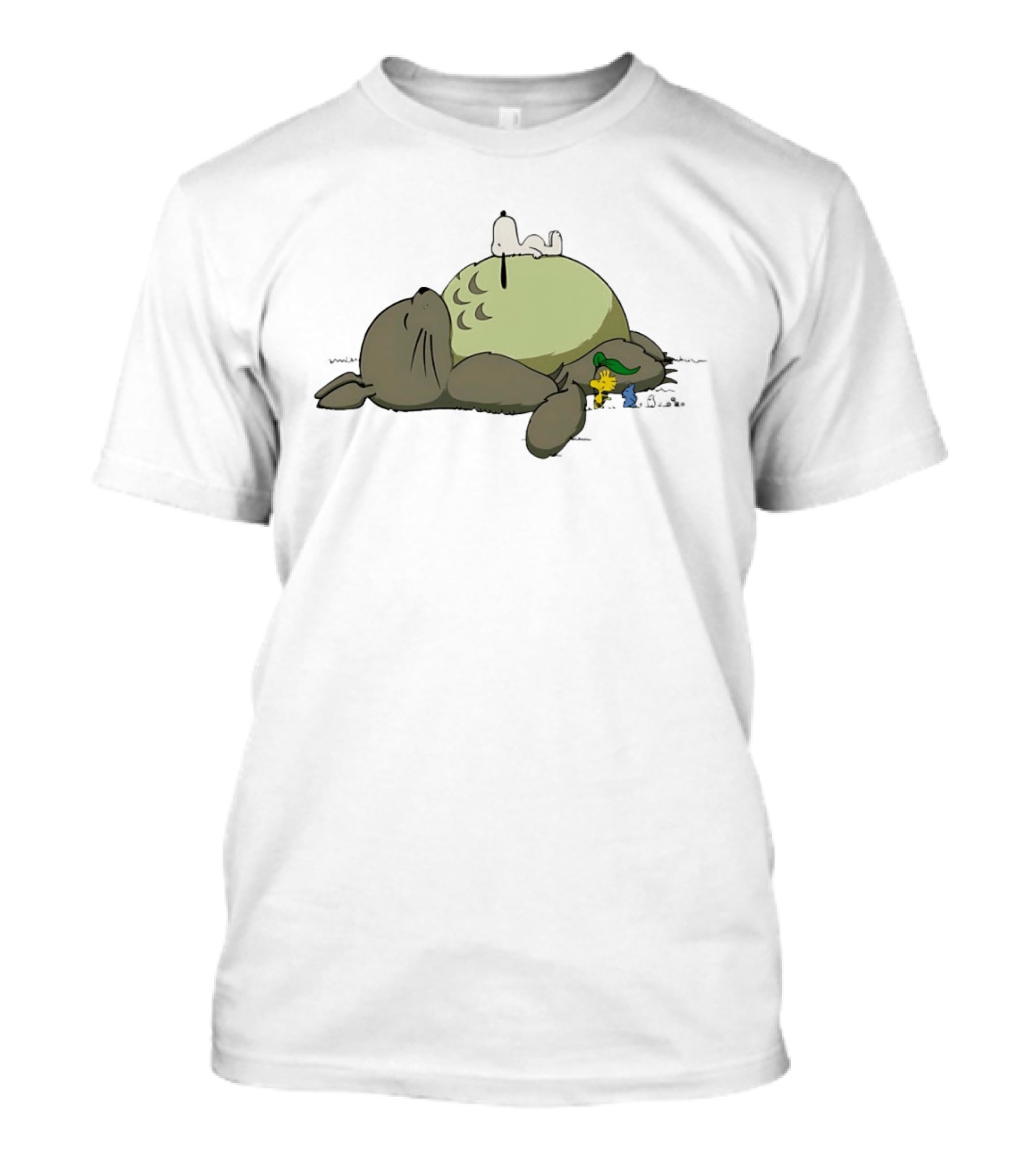Totoro And Snoopy Sleeping With Woodstock And Classic Cartoon Characters T-Shirt