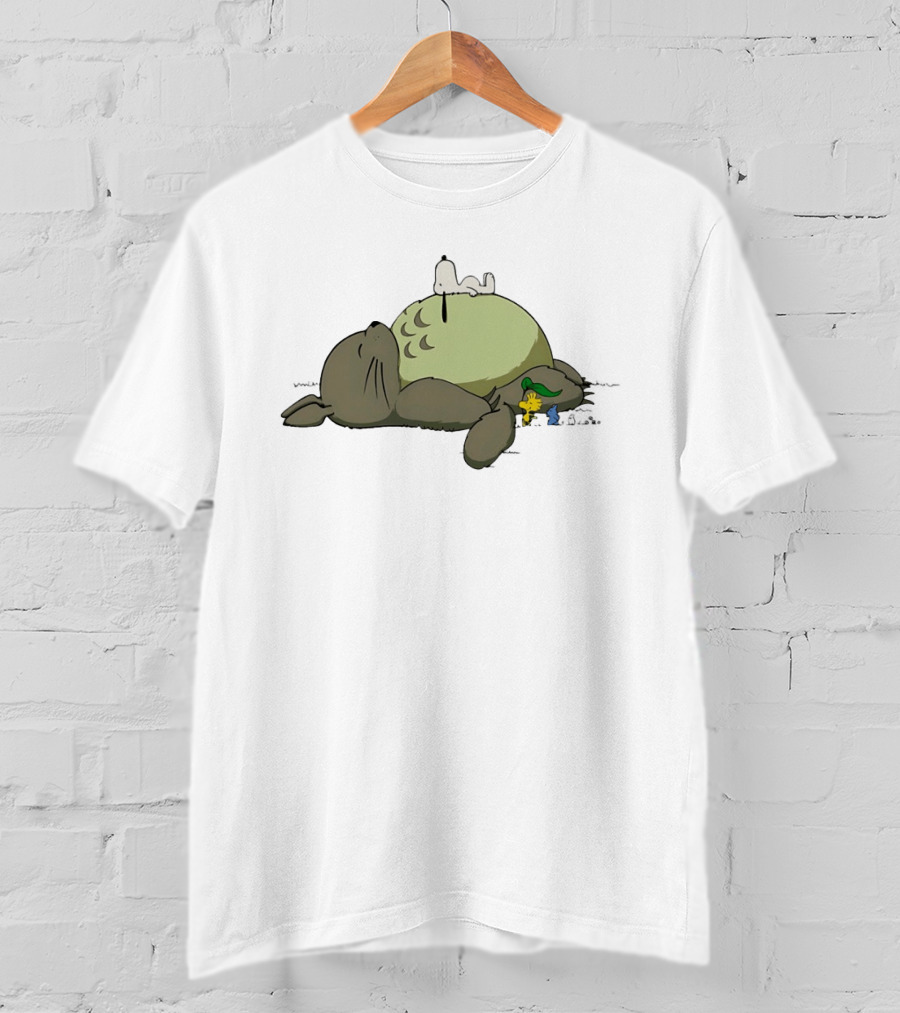 Totoro And Snoopy Sleeping With Woodstock And Classic Cartoon Characters T-Shirt
