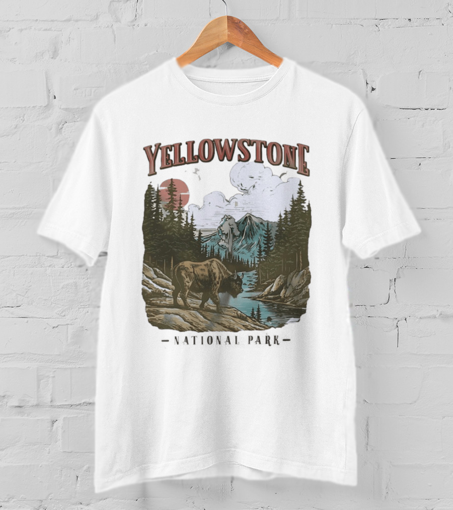 Yellowstone National Park Wild Buffalo By Stream Scenic Landscape T-Shirt