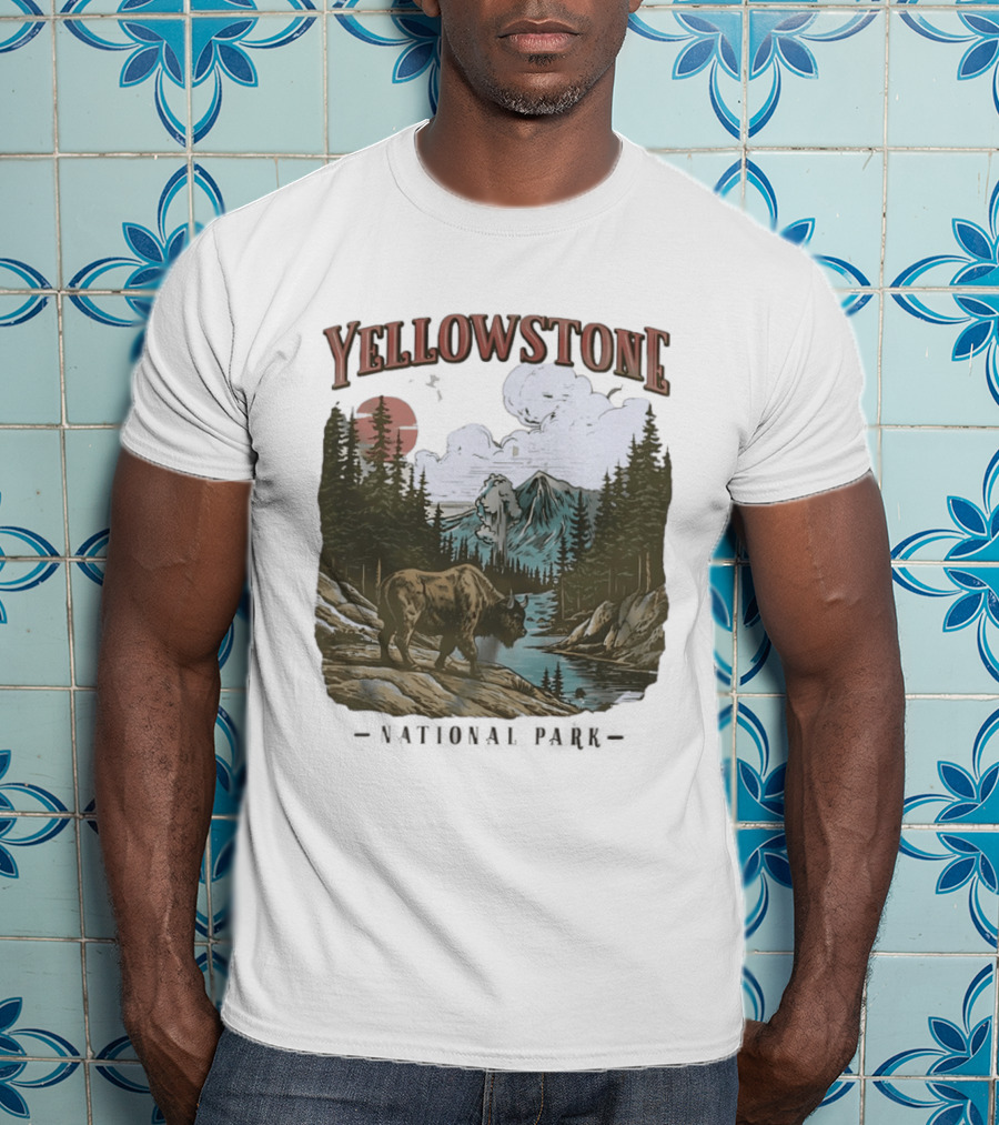 Yellowstone National Park Wild Buffalo By Stream Scenic Landscape T-Shirt