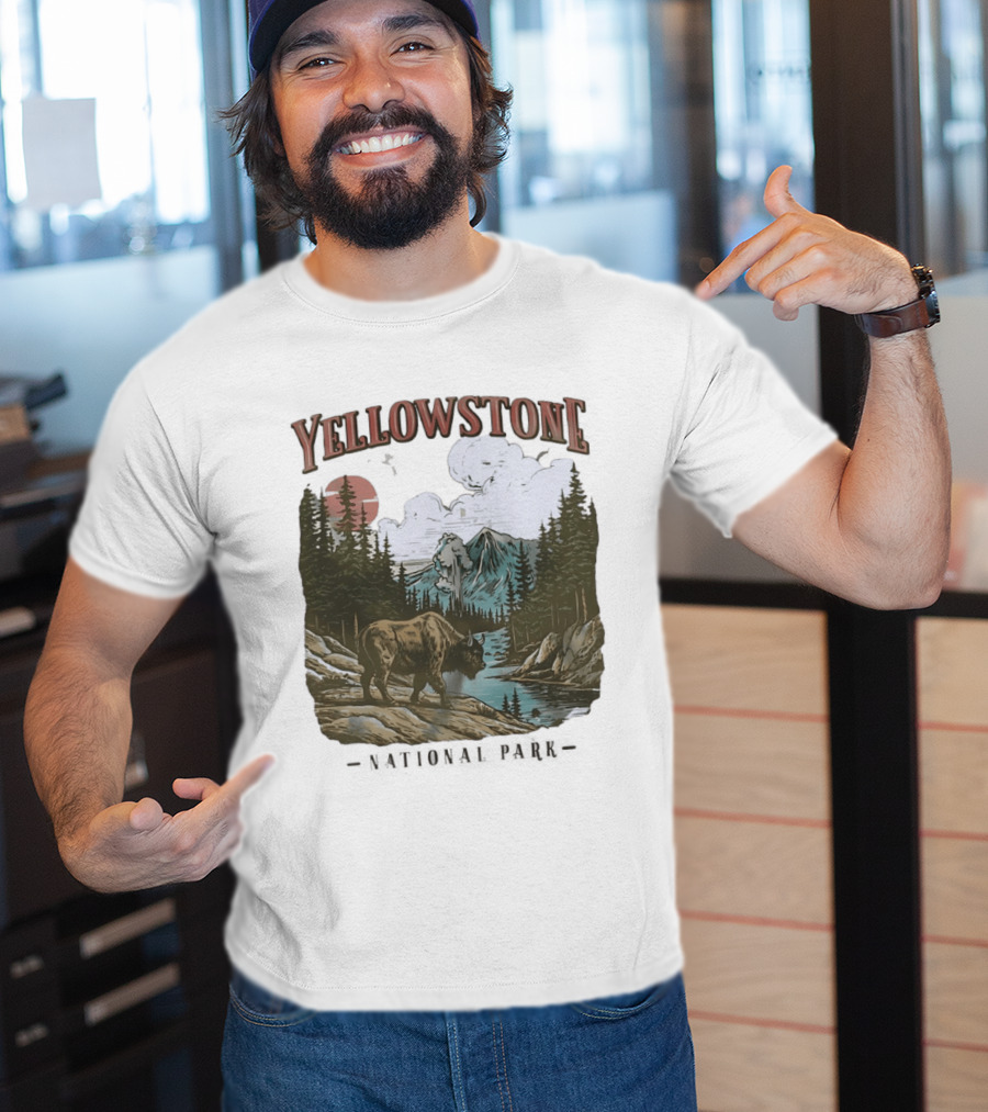 Yellowstone National Park Wild Buffalo By Stream Scenic Landscape T-Shirt