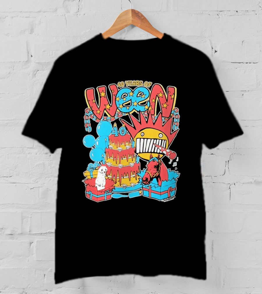 40 Years Of Ween Celebration Cake Balloons Dog Horse Black Sun Mask T-Shirt