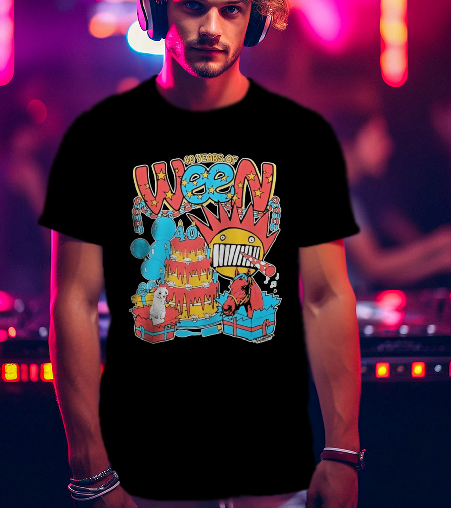 40 Years Of Ween Celebration Cake Balloons Dog Horse Black Sun Mask T-Shirt