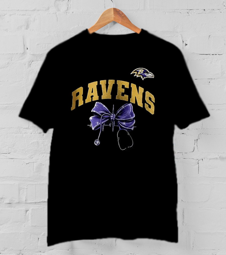 Baltimore Ravens Nurse By Heart By Soul Ravens Stethoscope Bow T-Shirt