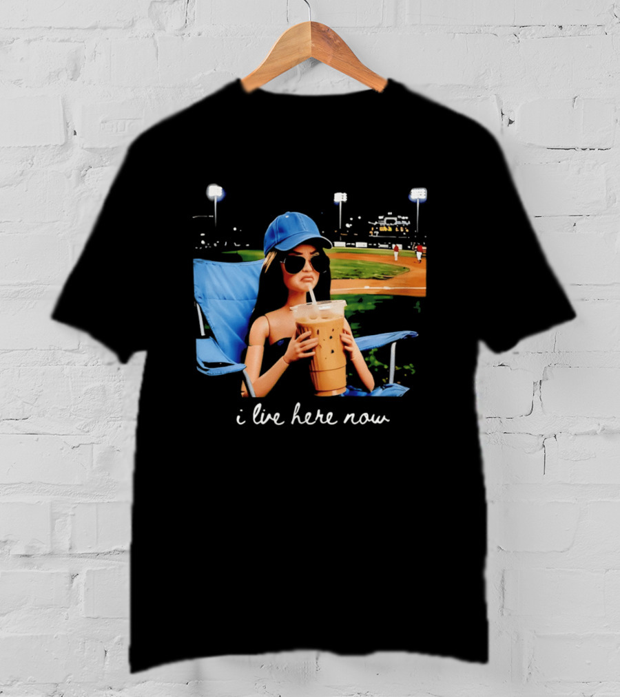I Live Here Now Barbie Drink Coffee Baseball Stadium Scene T-Shirt