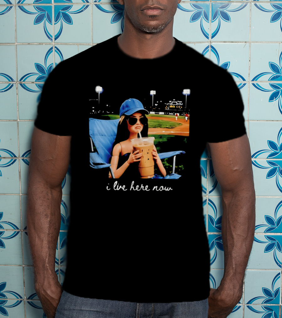 I Live Here Now Barbie Drink Coffee Baseball Stadium Scene T-Shirt