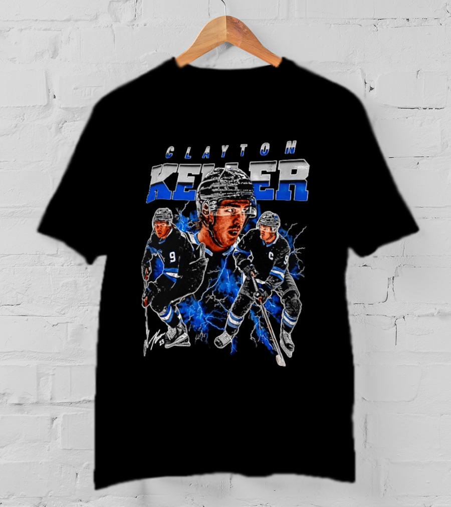 Clayton Keller 9 Utah Mammoth Ice Hockey Player Blue Lightning T-Shirt