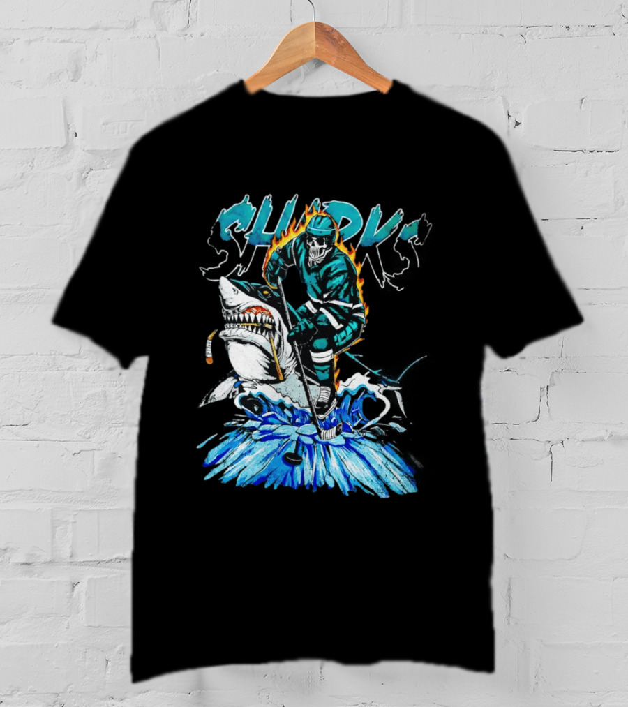 San Jose Sharks 90s Hockey Skull Flames Ice Shark Rider T-Shirt