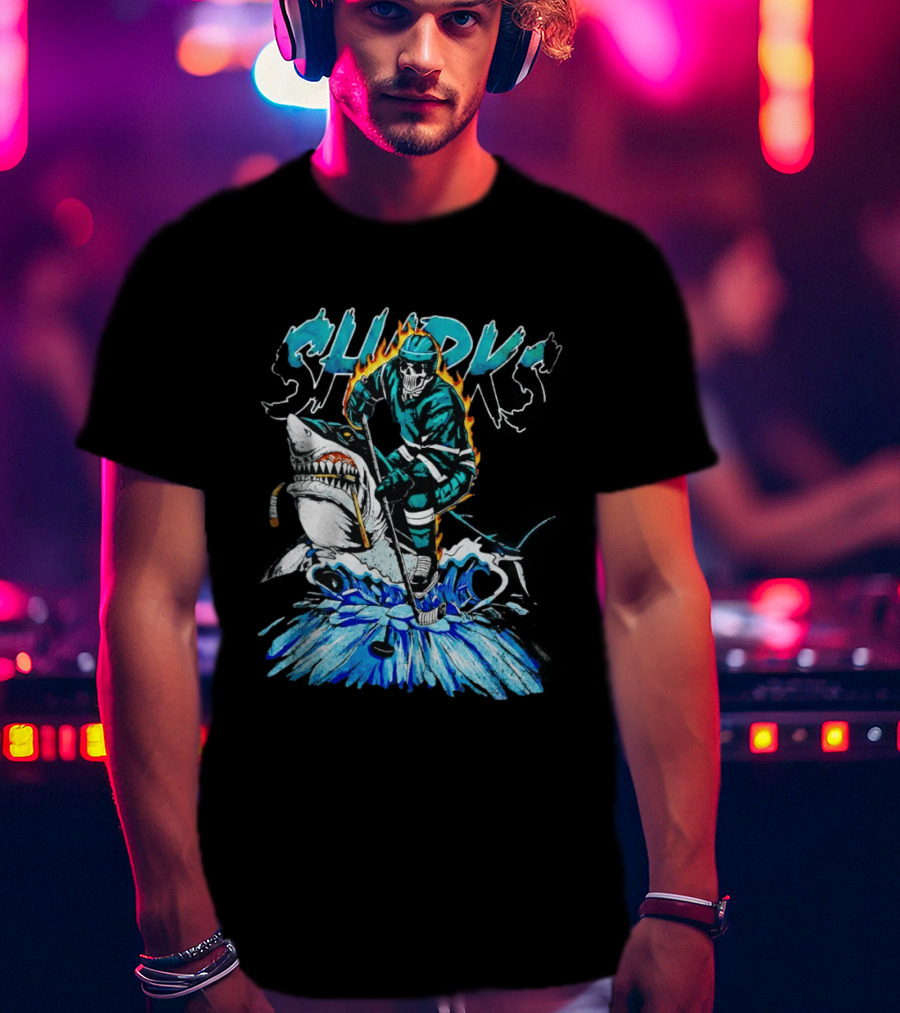 San Jose Sharks 90s Hockey Skull Flames Ice Shark Rider T-Shirt