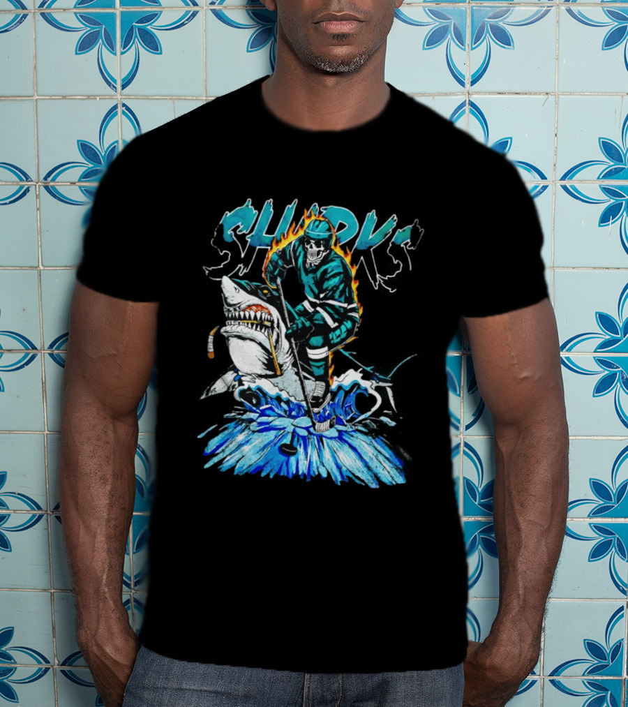 San Jose Sharks 90s Hockey Skull Flames Ice Shark Rider T-Shirt