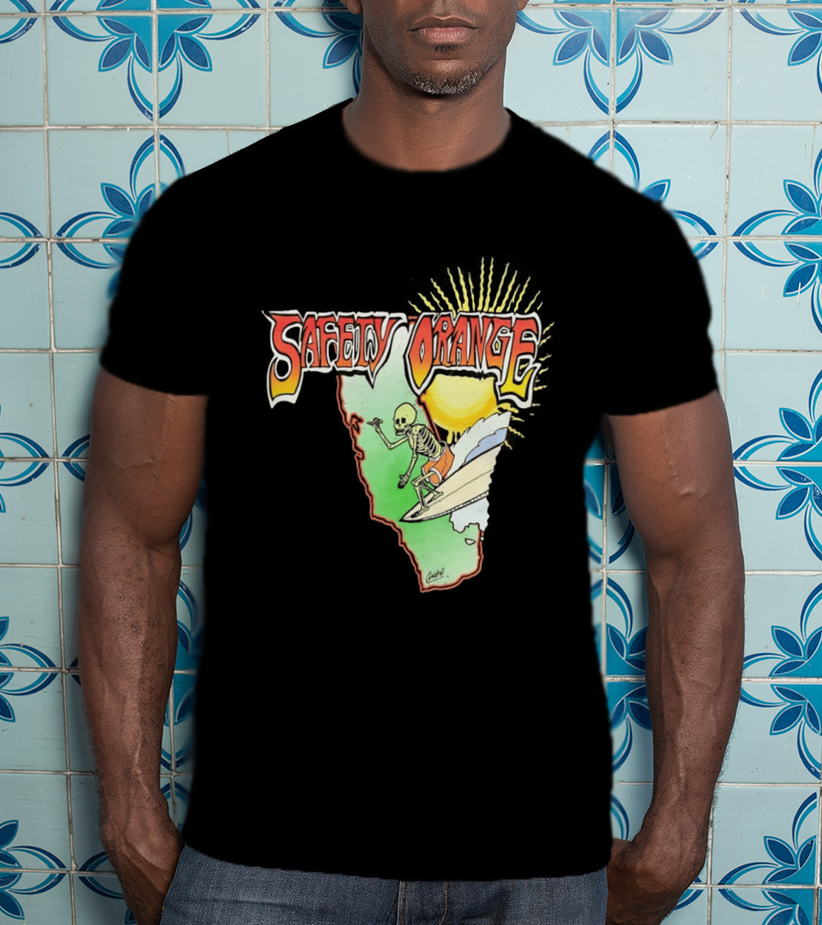 Safety Orange Skeleton Surfing Explosion Scene T-Shirt