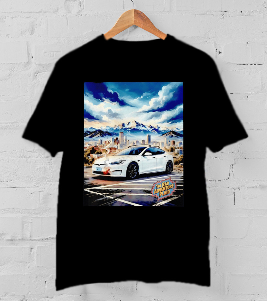 The Rad Adventure Plaid Electric Car Scenic Mountain Cityscape T-Shirt
