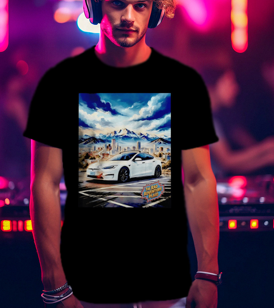 The Rad Adventure Plaid Electric Car Scenic Mountain Cityscape T-Shirt