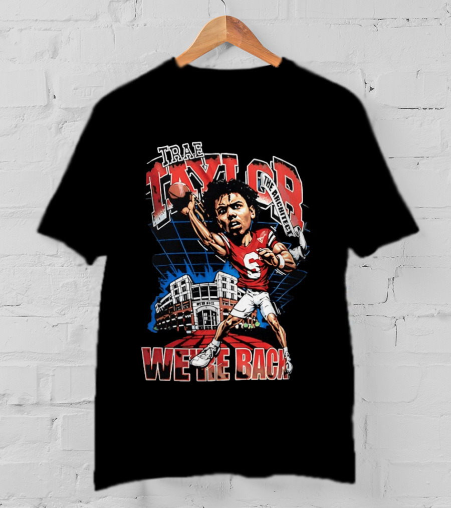 Trae Taylor Montana Grizzlies Football We're Back Red Quarterback Number 5 Stadium T-Shirt
